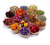 16 Bags Natural Dried Flowers Kit, Natural Dried Herbs with 2 Mesh Drawstring Bag for Soap,Candle,Resin Jewelry Making,Bath,Nail - Rose Petals,Rosebuds,Lilium,Jasmine,Don't Forget Me and More