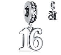 16 Birthday Dangle Charms fits Pandora Anniversary Bracelet, 925 Sterling Silver 16th Celebration Pendant Beads with CZ, Sweet Number 16 Years Bday Gifts for Sister/Daughter/Son