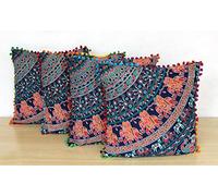 16" Boho Elephant Printed Cushion Cover - Handmade 100% Cotton Decorative Pillow Case, Indian Mandala Throw Pillow Cover for Sofa, Bedroom & Living Room Decor (Cover Only) (Elephant-orange, 1)