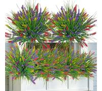 16 Bundles Artificial Flowers Outdoor Plants, UV Resistant Lavender Flowers Fake Shrubs Greenery Plants, Realistic Plastic Faux Flowers for Hanging Baskets Garden Porch Window Patio Home Décor