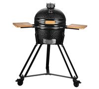 16" Ceramic Kamado Charcoal BBQ Egg With Stand, Collapsible Wooden Shelves, Thermometer Built-in (Black)