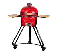 16" Ceramic Kamado Charcoal BBQ Egg With Stand, Collapsible Wooden Shelves, Thermometer Built-in (Red)