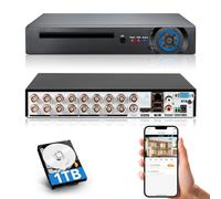 16 Channel CCTV Camera System Surveillance Video Recorder with 1TB Hard Drive,16CH DVR Supports 5MP/4MP/1080P AHD/TVI/CVI/CVBS/IP Cameras, 24/7 Surveillance Recording,Human Detection,Remote Access