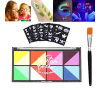 16 Colors 2-in-1 UV Neon Face Paint Palette, Safe Water-Based Face Painting Kit with Brush & 44 Stencils, Easy Washable Fluorescent Makeup for Halloween, Festivals, Parties, Theater & Costume