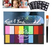 16 Colors Face Paint Palette, Safe Non-Toxic Washable Water-Based Face Painting Kit with Brush & 44 Stencils, Easy to Apply Body Paint for Halloween, Role Play, Cosplay, Birthday Party Makeup