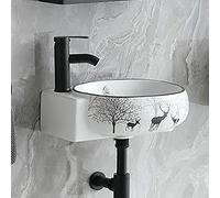 16" Corner Ceramic Sink - Wall Mounted Bathroom Vanity Small Vessel Utility Sink Space-Saving Corner Bathroom Sink Stylish Black Deer Design Perfect for Compact Spaces