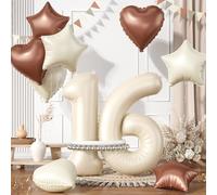 16 Cream White Number Balloons Set, Beige and Brown Sand Foil Star Heart With Long Balloons for 16th Birthday Party, 1st 6th Baby Shower Decorations