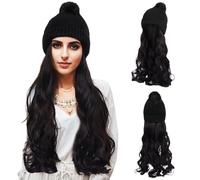 16" Curly Wavy Wig Hat for Women, Winter Beanie with Attached Hair Extension, Rib Knit Cap with Synthetic Hairpiece and Fur Pom