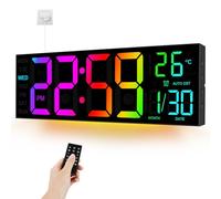 16'' Digital Wall Clock large display with Remote Control LED Dual Alarm Clocks with 8 RGB Colors - Lights Adjustable Brightness - Date-Auto DST - Temperature Memory Function - for Home, Gym, Office