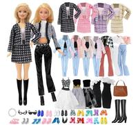 16 Doll Clothes Set 3 Stylish Check Coat Set 2 Party Dresse 1 Short Sleeve Pants 1 Bag 1 Neck Accessorie 2 Eyeglasses 1 Boots 5 Shoes for 11.5 Inch Dolls Girls Gift Random