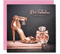 16 & Fabulous 16th Birthday Card - 145mm x 145mm - Rose Gold Heel and Perfume Design - Pink Envelope - Luxury Elegant Card for Her, Includes Pink Envelope