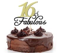 16 & Fabulous Birthday Cake Topper Black Gold Glitter Cake Topper for 16th Happy Birthday Anniversary Wedding Party Decoration Supplies