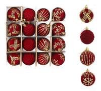 16 flocked Christmas ornaments with painted designs, 6cm balls perfect for decorating For Trees and creating festive environments (Red)