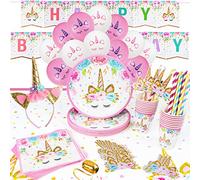16 Guest Unicorn Party Supplies - Pink Unicorn Plates, Cups, Napkins, Tablecloth, Balloons, Banner, Headbands & Straws - Birthday Party Decorations for Girls
