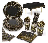 16 Guests Black and Gold Party Supplies Black Paper Party Plates Napkins Cups Table Cloth Straws Golden Dot Disposable Paper Party Tableware Set for Graduation Birthday Cocktail Party