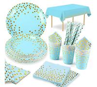 16 Guests Blue and Gold Party Supplies Disposable Party Plates Tableware Napkins Cups Straws Table Cloth for Baby Shower Boy Birthday Party Bridal Shower Anniversaries Gold Dot Blue Paper Plates