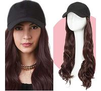 16" Hair Wigs Attached with Baseball Cap Long Wavy Hairpiece Black Hat Hair Extensions Synthetic Hair (Body Wave, Wine Red)