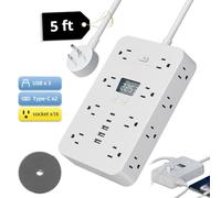 16-in-1 Power Strip with Switch & Surge Protection, Fireproof Flat Wall Plug with Extension Cord, Surge Protector with USB Ports, 16 Ac Power Outlets, 3 USB & 2type-C for Home and Office