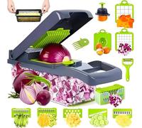 16-in-1 Vegetable Chopper and Dicer with Container, Manual Onion Chopper, Potato Cutter, Mandoline Slicer & Julienne Grater, Plastic & Stainless Steel, Gray & Black, Hand Guard