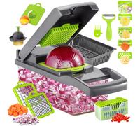 16 in 1 Vegetable Chopper, High-Performance Vegetable Food Cutter, Kitchen Mandoline Vegetable Veg Dicer with Stainless Steel Blades Peeler Hand Guard and Brushes, Salad Onion Chopper Box with Lid