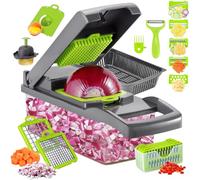 16 in 1 Vegetable Chopper, High-Performance Vegetable Food Cutter, Kitchen Mandoline Vegetable Veg Dicer with Stainless Steel Blades Peeler Hand Guard and Brushes, Salad Onion Chopper Box with Lid