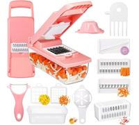 16-in-1 Vegetable Chopper & Mandoline Slicer with Container, Food Chopper, Onion Dicer, Cheese Grater, Vegetable Cutter for Potato, Carrot, Cucumber, Garlic, Meal Prep, Pink