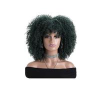 16 Inch Afro Kinky Curly Wigs For Black Women Natural Looking Short Wig With Bangs None Lace Front Synthetic Hair For Daily Party Adds Volume(Dark Green)