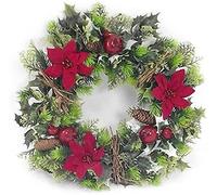 16" inch Artificial Plastic Red Poinsettia & Holly Christmas Wreath for indoors and outdoors