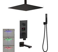 16-Inch Black Brass Shower Column Digital Display 3-Function Shower Faucet Set Rainfall Shower Head Luxury Bathroom Shower System