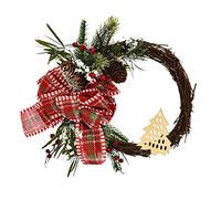 16 Inch Christmas Artificial Red Berries Wreath Green Leaves Plaid Bow Half Coverage Hanging Party Decor