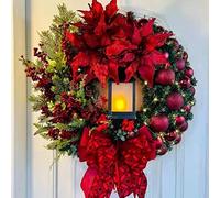 16 Inch Christmas Wreath, Christmas Door Wreath with Lantern Baubles Berries Bows, Artificial Christmas Garland for Front Door Holiday Festival Indoor Outdoor Xmas Decorations (Red)