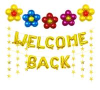 16 Inch Gold 'WELCOME BACK' Balloon Banner, Mylar Letter Balloons with 18 Inch 5-Petal Flower Balloons and Gold Star Garlands for Back to School, Office Return, Welcome Home Party Decorations