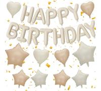 16 Inch Happy Birthday Balloon Banner Beige Set, Birthday Party Decorations for Women, 6Pcs Star Balloons beige of 18in 10in for Girls Boys, 4Pcs Heart Balloon Stick Ribbon Adhesive (Beige)