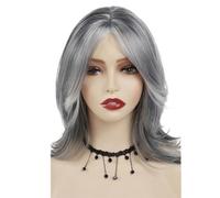 16 Inch Mid-length Grey Wavy Bob Wigs for Women,Short Curly Synthetic Salt Wig for Daily Use Fluffy and Natural(Mix Grey)