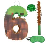 16 Inch Number 6 Pixel Pinata with Piñata Stick, Blindfold, Confetti for Boys Girls 6th Birthday Decorations Party Supplies
