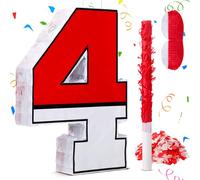 16 Inch Red and White Number 4 Pinata for 4th Birthday Party Decorations, Birthday Pinata with 16 Inch Piñata Stick Blindfold Confetti for Sons Daughters, 4th Birthday Party Supplies Party Favors