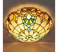 16 inch Tiffany Style Baroque Ceiling Light Flush Mount, Retro Stained Glass Bowl Shade Ceiling Lamp, Metal Decoration Hallway Ceiling Lighting Fixtures for Living Room Bedroom, E27