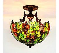 16 Inch Tiffany Style Ceiling Lamp Vintage Stained Glass Brown Grape Shade Semi Flush Mount Ceiling Lamp for Bedroom Living Room 3 Lights