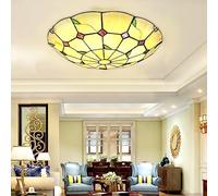 16 Inch Tiffany Style Flush Mount Ceiling Light - Vintage Stained Glass Green Leaves Lamp for Kitchen Dining Room Bedroom - Elegant Pastoral Lighting Fixture