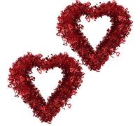 16 Inch Valentine Wreaths for Front Door Decor Red Tinsel Heart Shaped Wreaths with Foil Heart Love Garland Wall Hanging Sign for Valentine Wedding Party Window Mantel Decoration(2 Pcs)