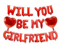 16 Inches Red 'WILL YOU BE MY GIRLFRIEND' Balloons Banner - Mylar Proposal Letter Balloons with 2 Heart Shaped Foil Balloons for Romantic Decorations, Engagements, Anniversaries, Valentines Day Decor