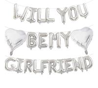 16 Inches Silver 'WILL YOU BE MY GIRLFRIEND' Balloons Banner - Mylar Proposal Letter Balloons with 2 Heart Foil Balloons for Romantic Decorations, Engagements, Anniversaries, Valentines Day Decor