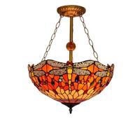 16 Inches Tiffany Lamp Stained Glass Ceiling Pendant Light Vintage Deco Red Dragonfly Hanging Reverse Chandelier for Bedroom Dining Living Room Corridor