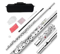 16 Key C Flute, Silver, Wood, Nickel-Silver, Closed Hole, Beginner to Professional, Includes Carry Bag, Gloves, Cleaning Rod, Tuning Rod, Gift Box