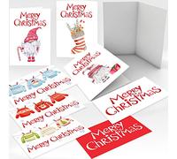 16 Merry Christmas Cards Multipack for the Family, 8 Scandinavian Gnomes, Xmas Jumpers Stocking Designs Paper, Multi Pack Xmas Cards Bundle for kids, men, women Children