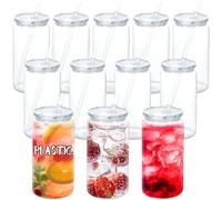 16 Oz Acrylic Plastic Can Tumbler, 12 Pack Plastic Clear Cup Beer Can, Plastic Mason Jar with Clear Lid