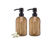16 OZ Amber Glass Soap Dispenser, Amber Stripe Bathroom Hand Soap Dispensers with Stainless Steel Bronze Pump,Brown Glass Kitchen Hand Soap Dispenser with Oil Rubbed Bronze Pump,2 Packs