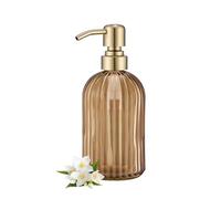 16 OZ Amber Glass Soap Dispenser, Amber Stripe Bathroom Hand Soap Dispensers with Stainless Steel Brushed Gold Pump,Brown Glass Kitchen Hand Soap Dispenser with Brushed Gold Pump