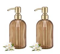 16 OZ Amber Glass Soap Dispenser, Amber Stripe Bathroom Hand Soap Dispensers with Stainless Steel Brushed Gold Pump,Brown Glass Kitchen Hand Soap Dispenser with Brushed Gold Pump,2 Packs