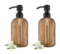16 OZ Amber Glass Soap Dispenser, Amber Stripe Bathroom Hand Soap Dispensers with Stainless Steel Matte Black Pump,Brown Glass Kitchen Hand Soap Dispenser with Matte Black Pump,2 Packs